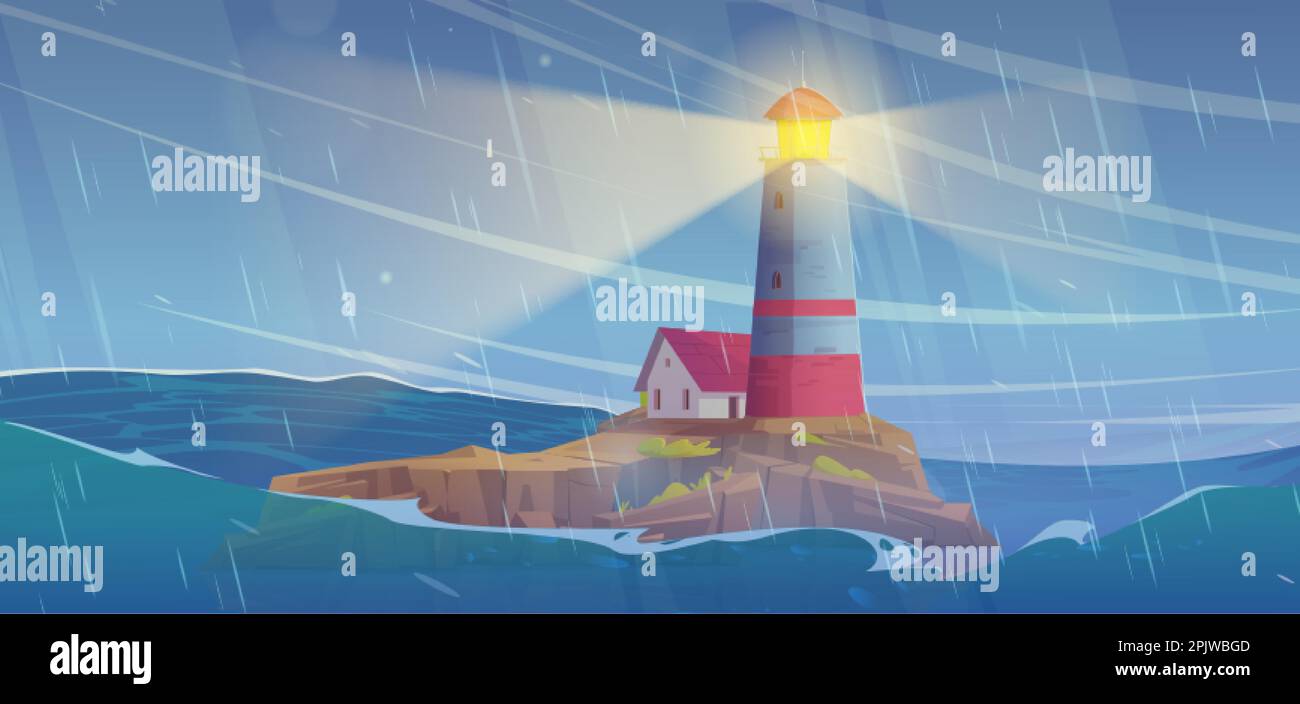 Lighthouse on cliff island in storm sea vector illustration. Cartoon wind and rain in ocean with big wave and lightning signal from beacon. Stormy cyc Stock Vector