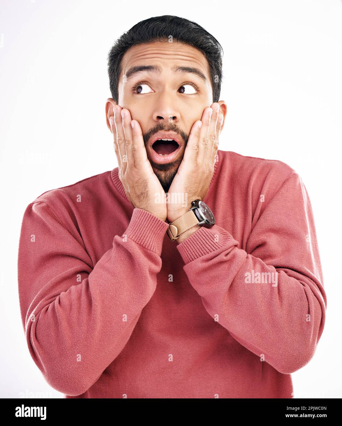 Surprise, wow and Asian man excited, face and happiness isolated