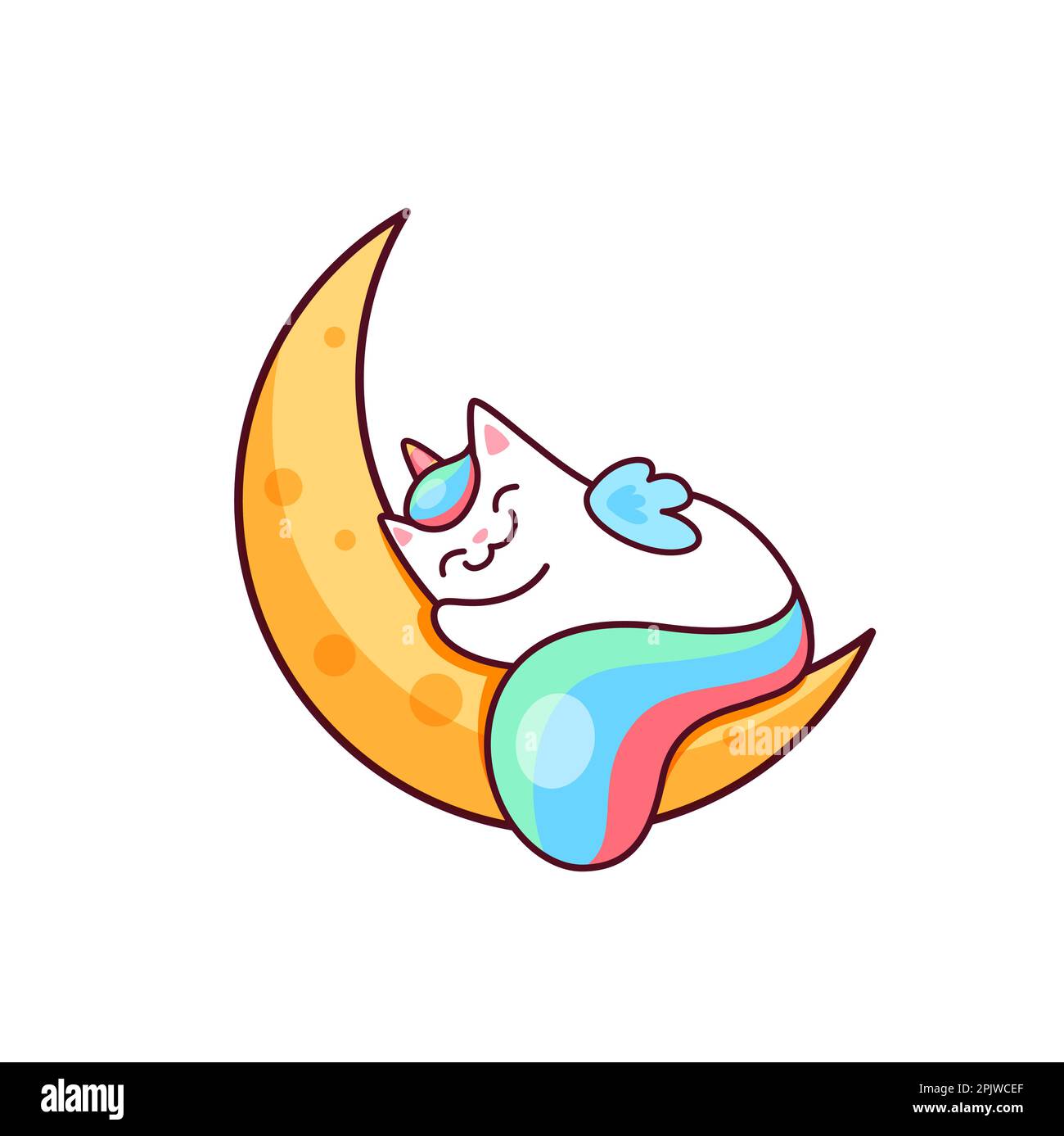 Cartoon cute kawaii caticorn character sleeping on the moon. Vector ...