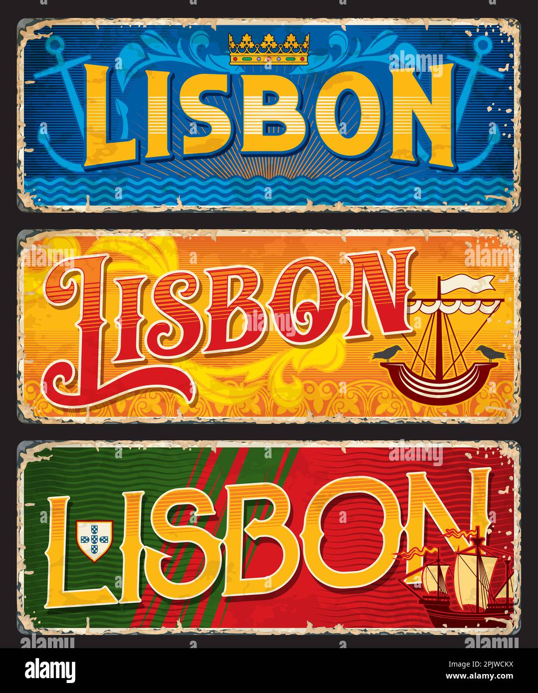 Lisbon travel stickers and plates with vector heraldic symbols of Portugal. Coat of arms of Portugal and Lisbon, portuguese flag and gold crown rusty Stock Vector