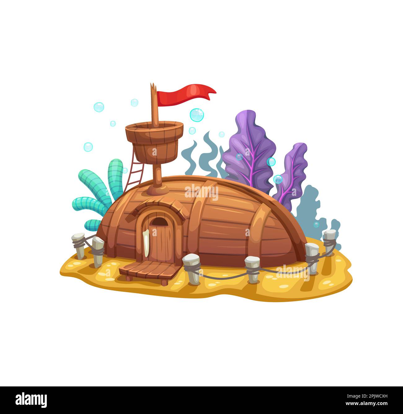 Cartoon underwater sunken boat fairy house, home or dwelling building