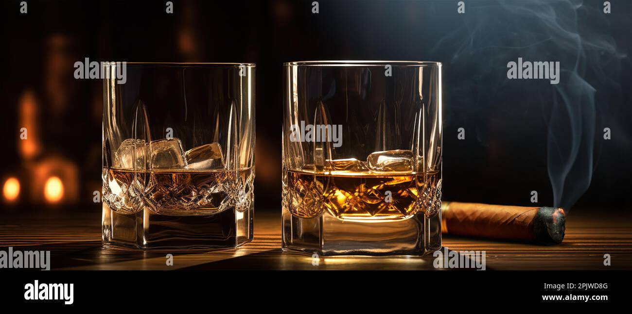 A two glass of whiskey with ice and a Cuban cigar on a wooden table on a dark background. Men's club banner idea. Copy space for text Stock Photo