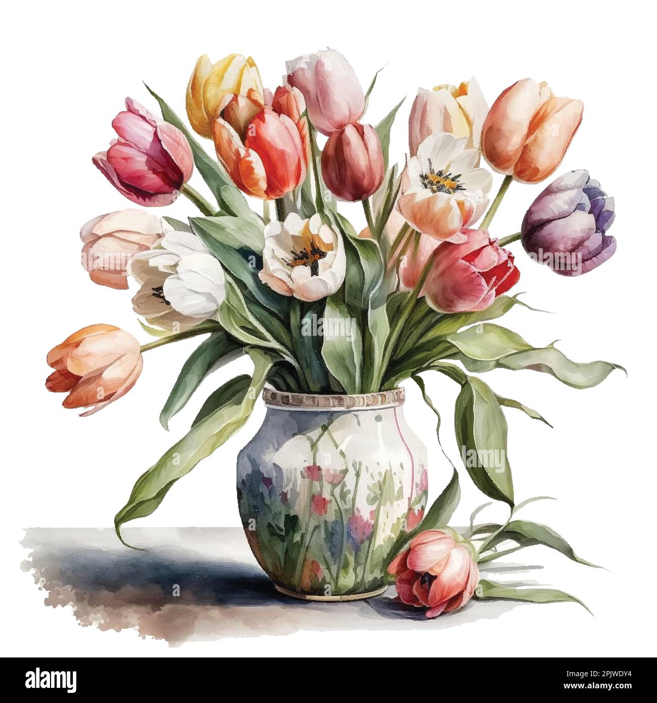 Colorful watercolor Tulips bouquet in a glass vase on a white ...