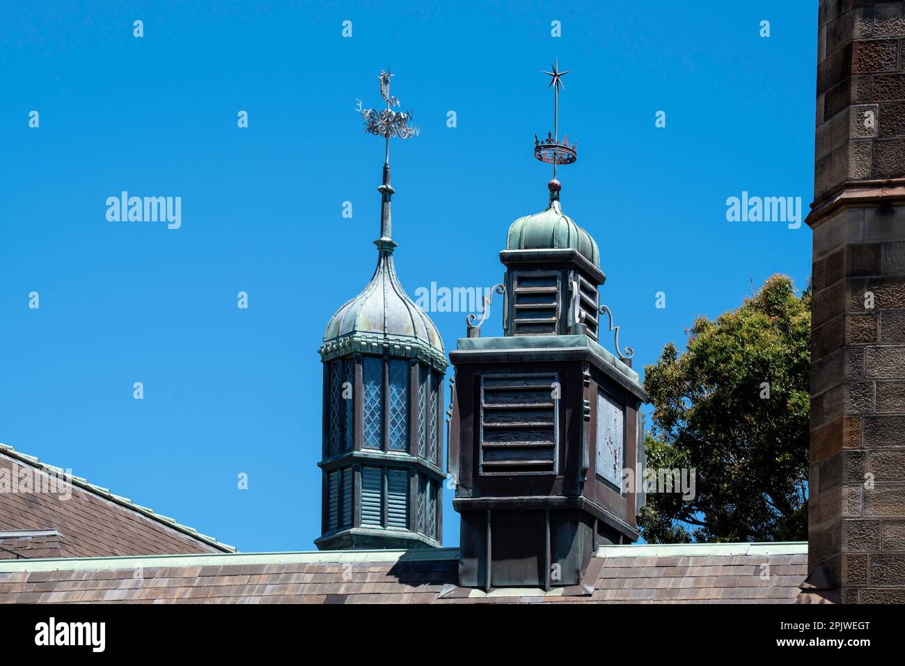 Elaborate roof vent finials above the quadrangle at the University of