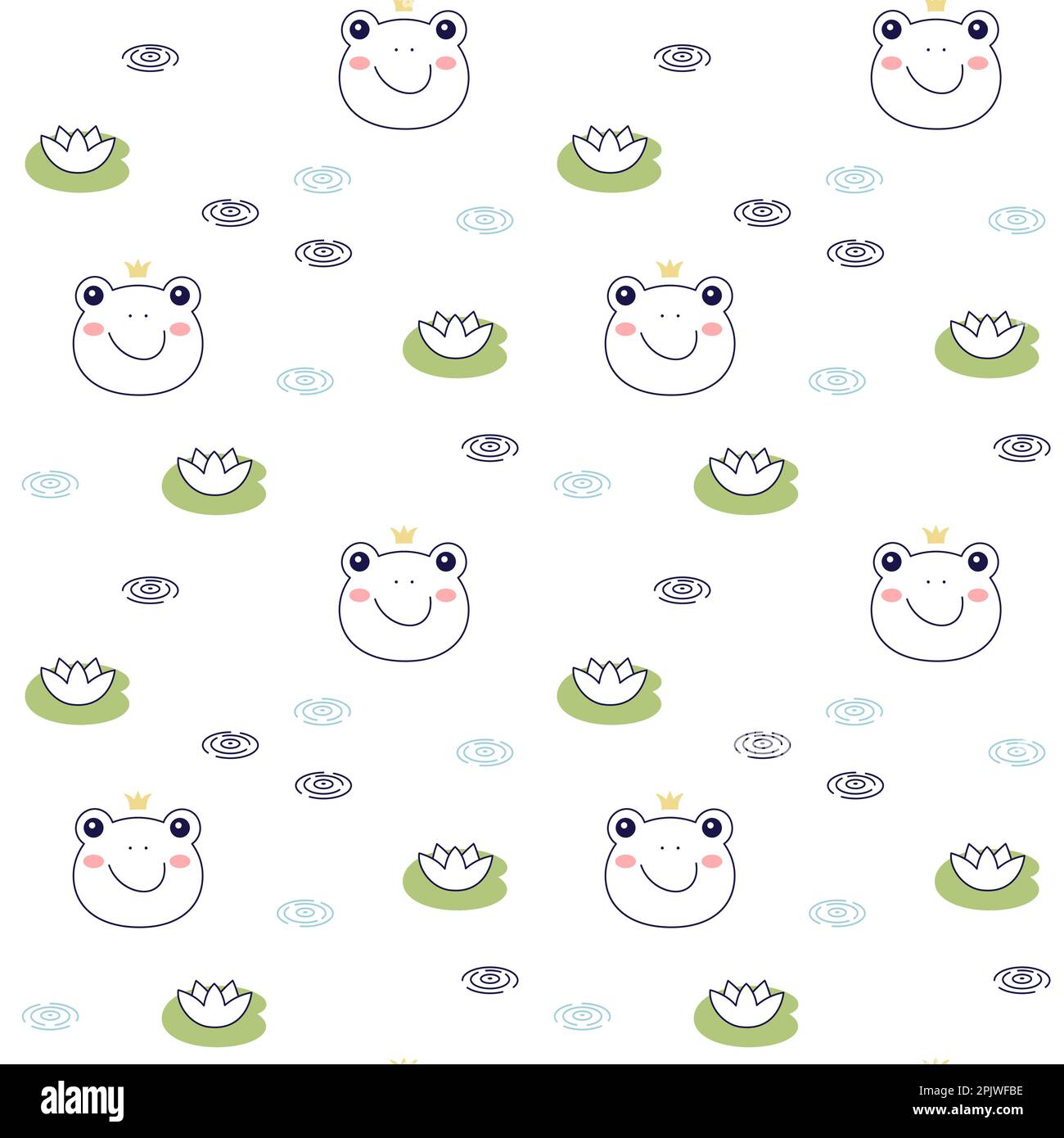 Frog princess doodle style. Hand drawn seamless pattern with cute cartoon frog with crown. Vector illustration Stock Vector