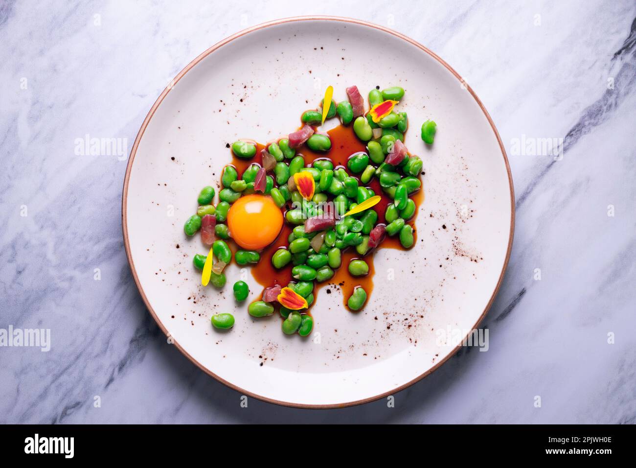 Plate of green beans with ham and egg. Traditional Spanish recipe Stock