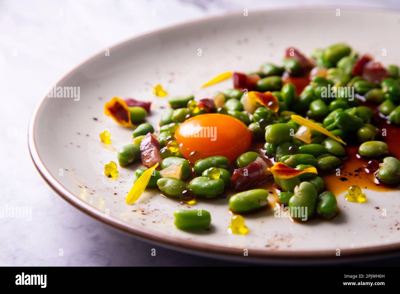 Plate of green beans with ham and egg. Traditional Spanish recipe Stock