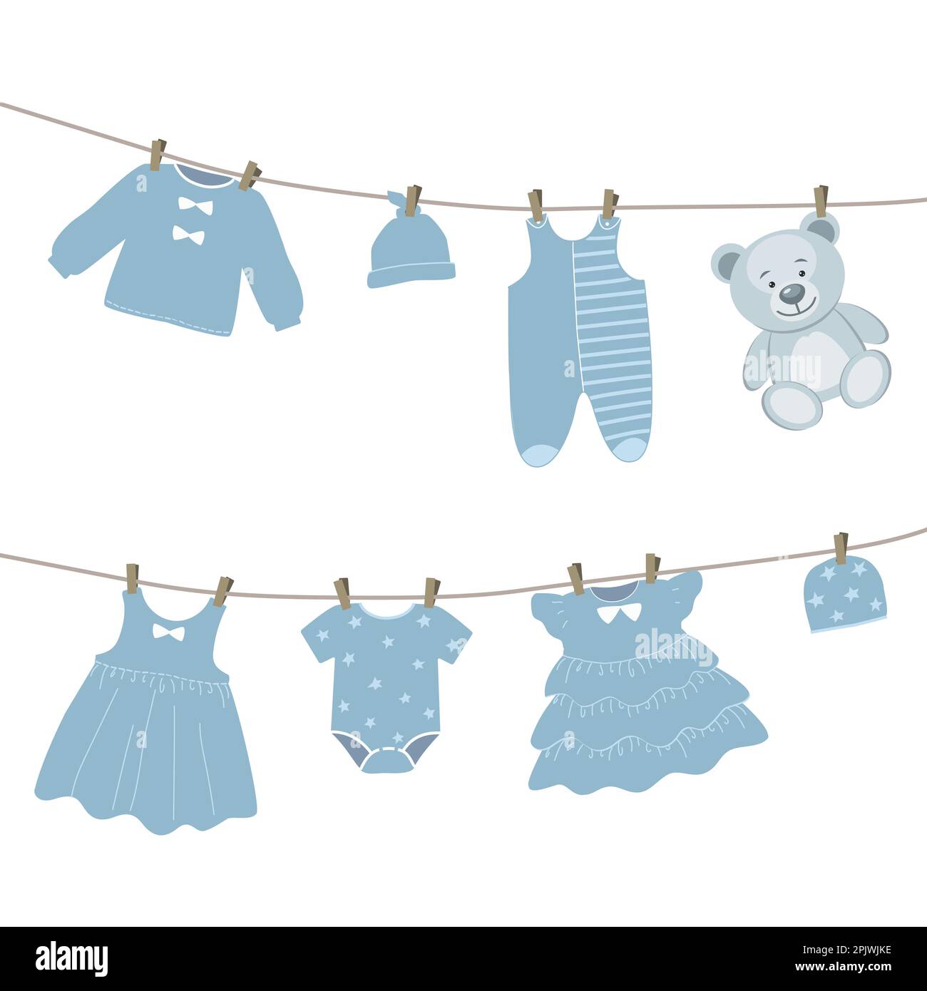Baby clothes hang on the clothesline. Things are dried on clothespins