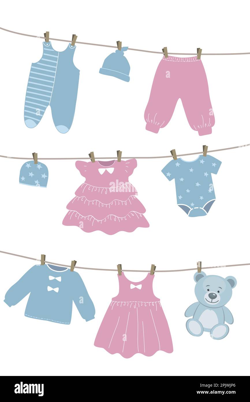 Baby clothes hang on the clothesline. Things are dried on clothespins after washing. Vector illustration in pink and blue colors. Stock Vector