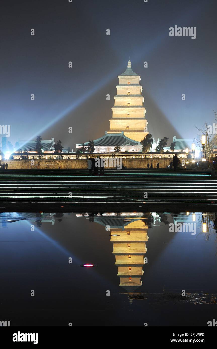 Night light show at Big Goose Pagoda. Shaanxi, Xi'An, China Stock Photo
