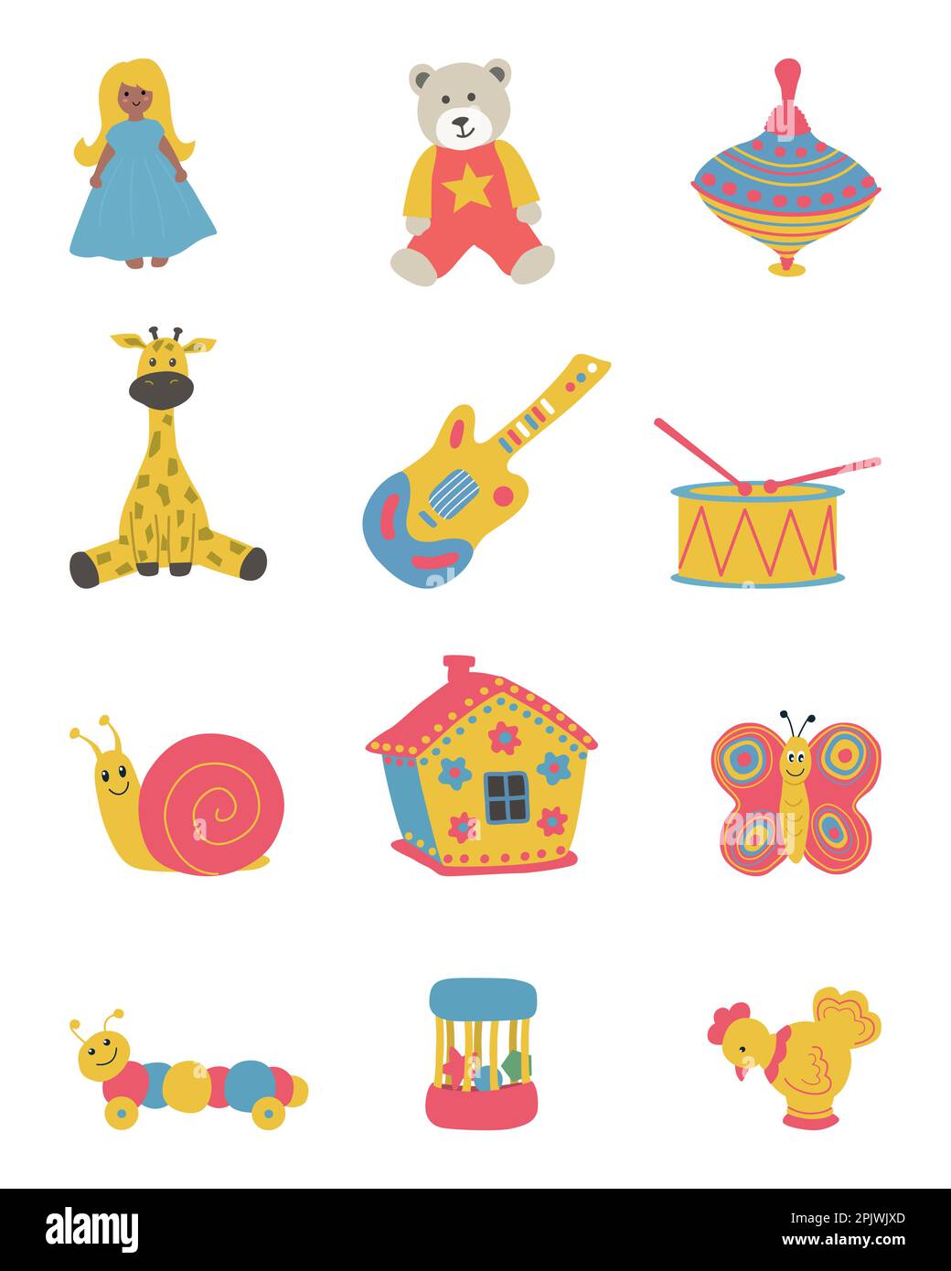 Toys isolated on a white background. There is a doll, a teddy bear, a house, a spindle top, a giraf, a guitar, a drum and other things in the picture. Stock Vector
