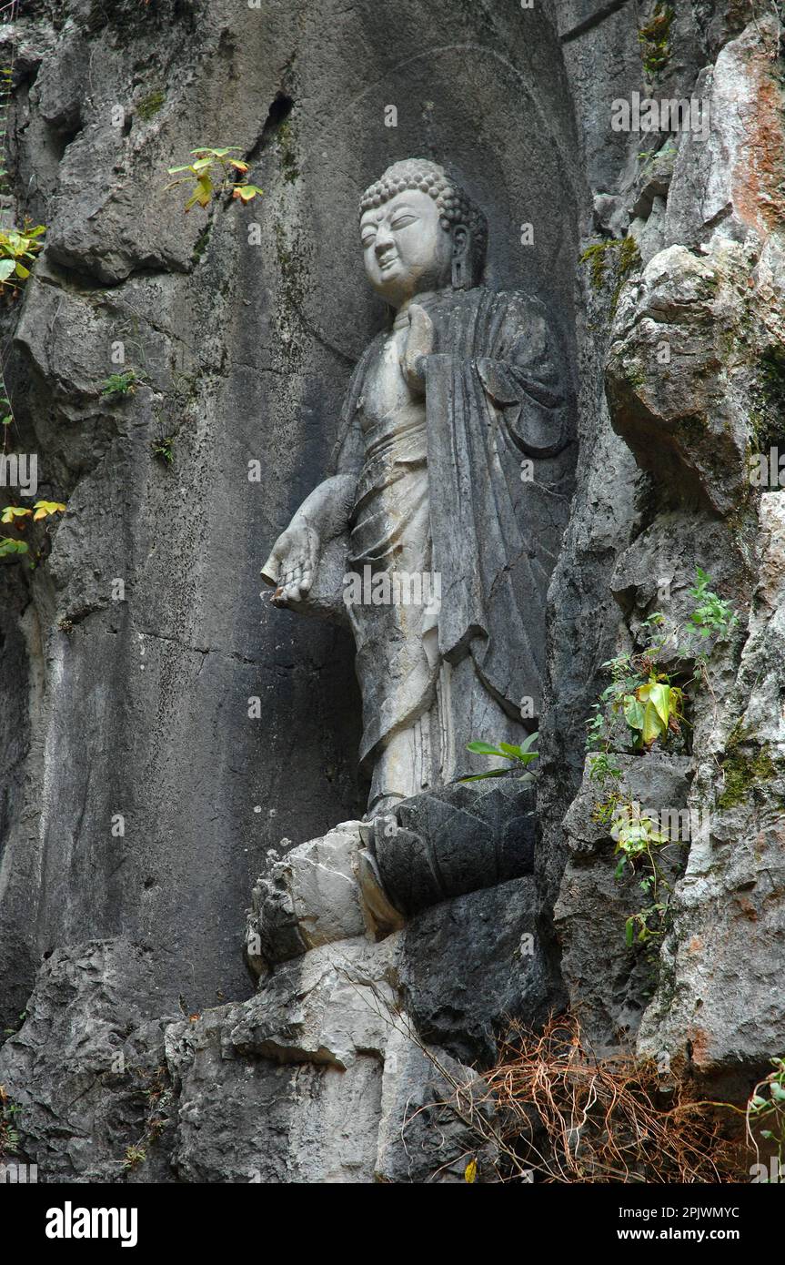 Lingyin Temple. Buddhist stone sculptures of the X-XIV centuries. Zheijiang, Hangzhou, China, Asia Stock Photo