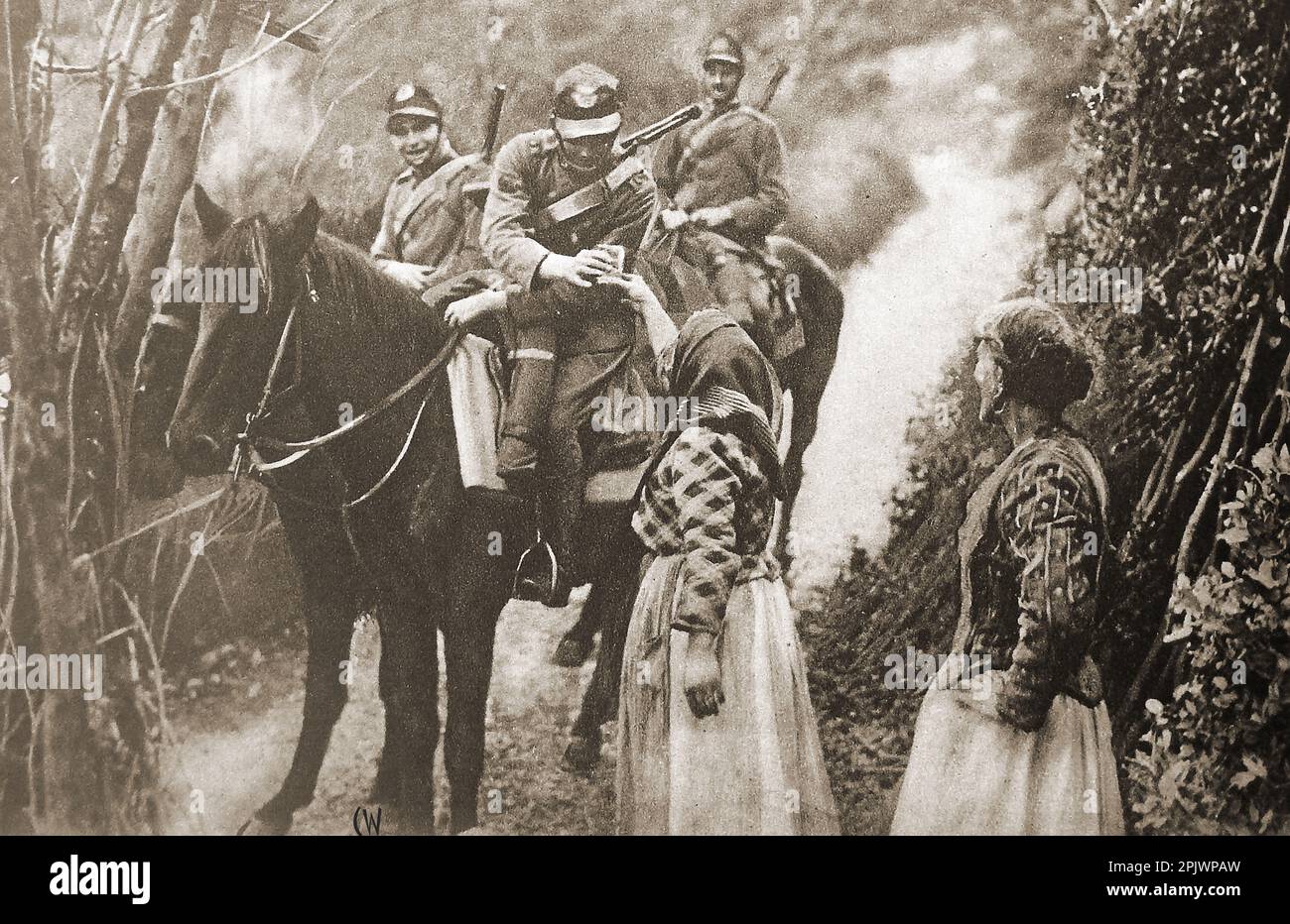 World War I -Italian peasant women greeting a cavalry patrol.  -- Stock Photo