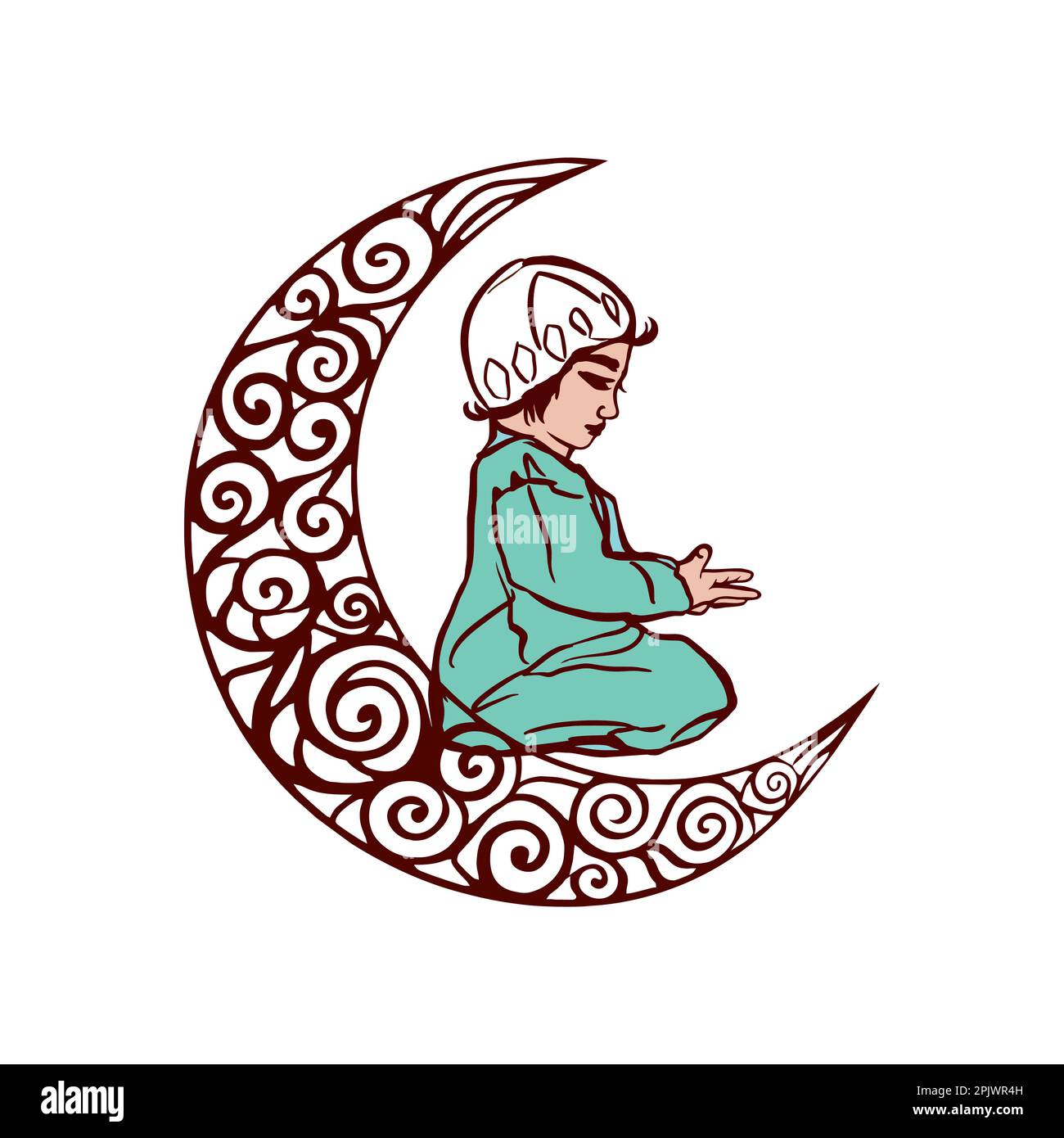 Religious muslim boy reading Namaz on moon decorated background for islamic holy month of prayers ramadan kareem. Namaz, muslim prayer. Ramadan vector Stock Vector