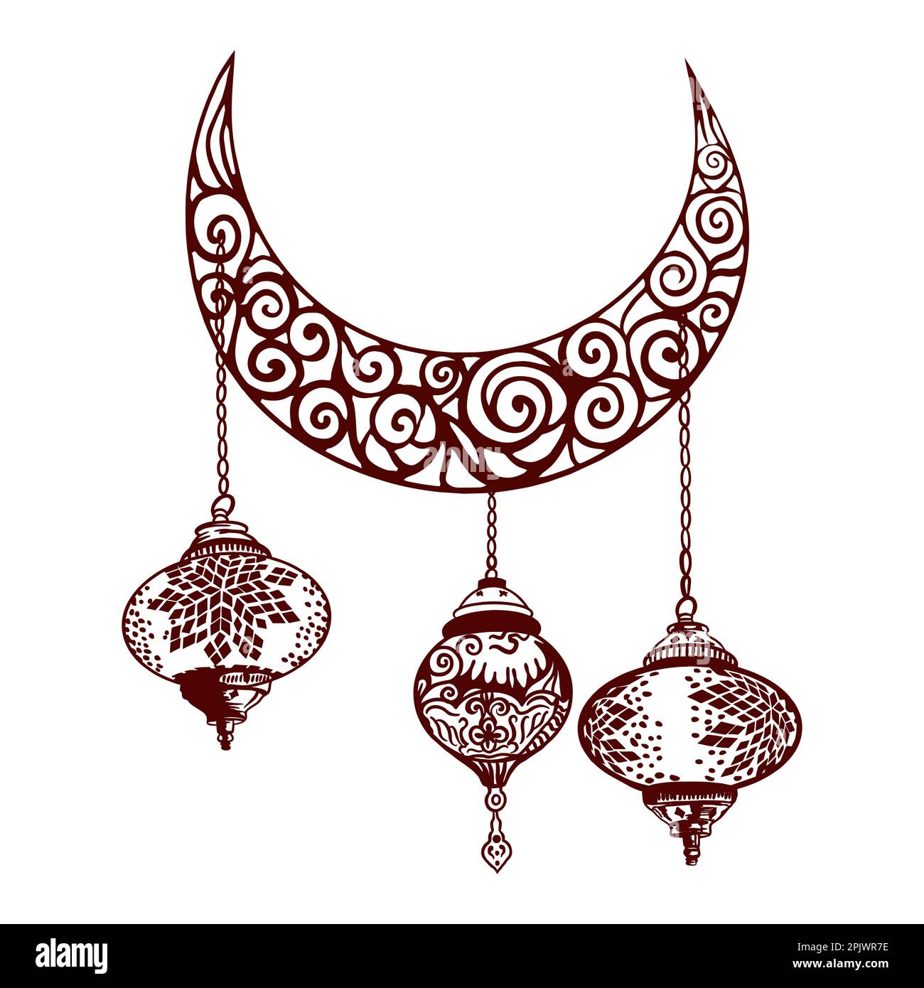 Oriental lamps hung from a crescent moon to welcome Ramadan. Ramadan vector illustration. Muslim holiday of the month of Ramadan. For invitations, gre Stock Vector