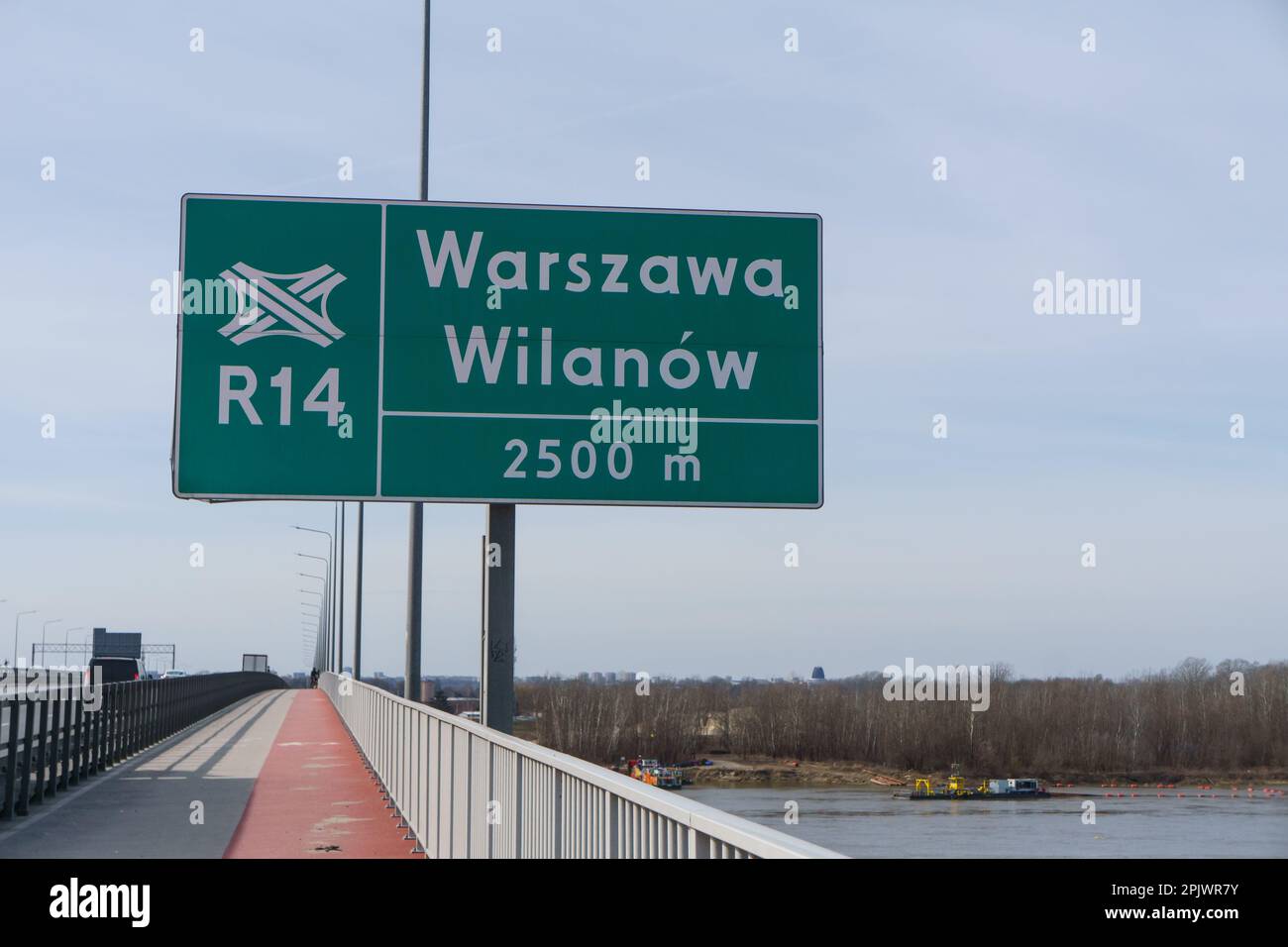 road signs and cars on a street - South Bridge, Warsaw, Poland Stock Photo