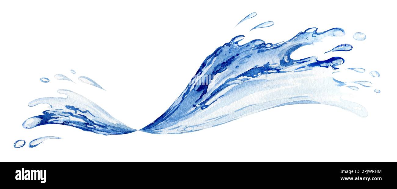 watercolor illustration of moving stream of water, blue wave with