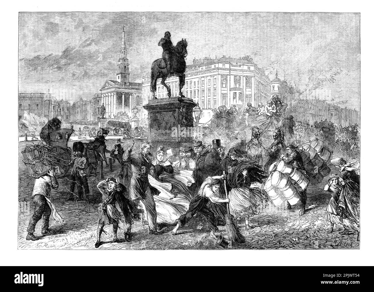 Strong March winds causing havoc in Trafalgar Square, London, England,  in 1865 Stock Photo