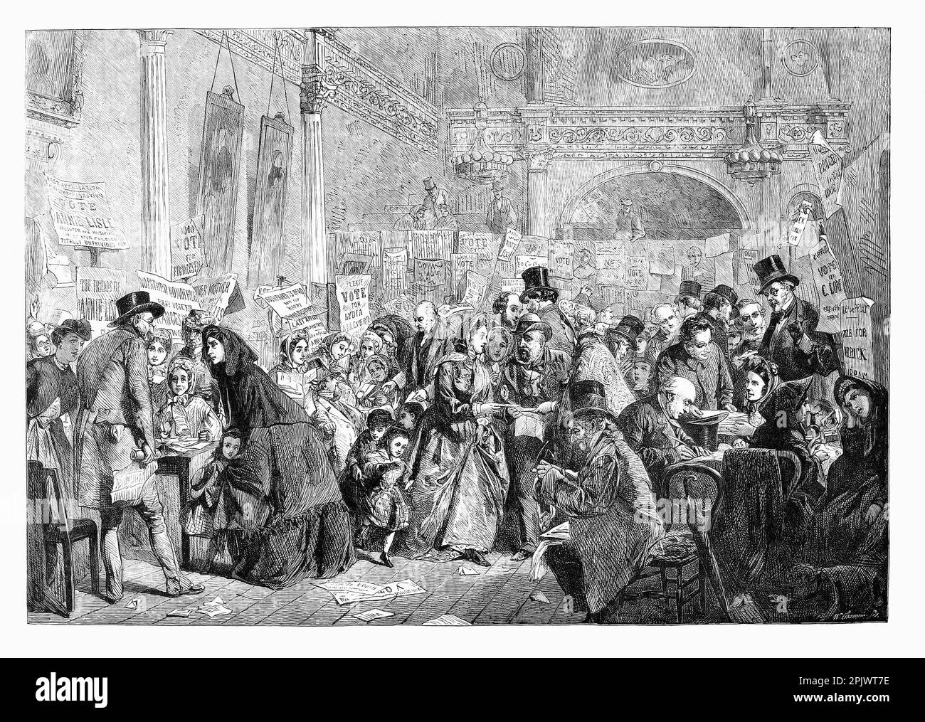 The infant orphan election was an unpleasant example of Victorian charity, held at the London Tavern in Bishopsgate Street. Children whose parents had once been in more prosperous circumstances were put up for election in order to gain entrance into a variety of charitable institutions. In the painting by George Elgar Hicks elegant 18th century rooms at the tavern were hung with posters and election placards, encouraging those present to vote for particular children. Stock Photo