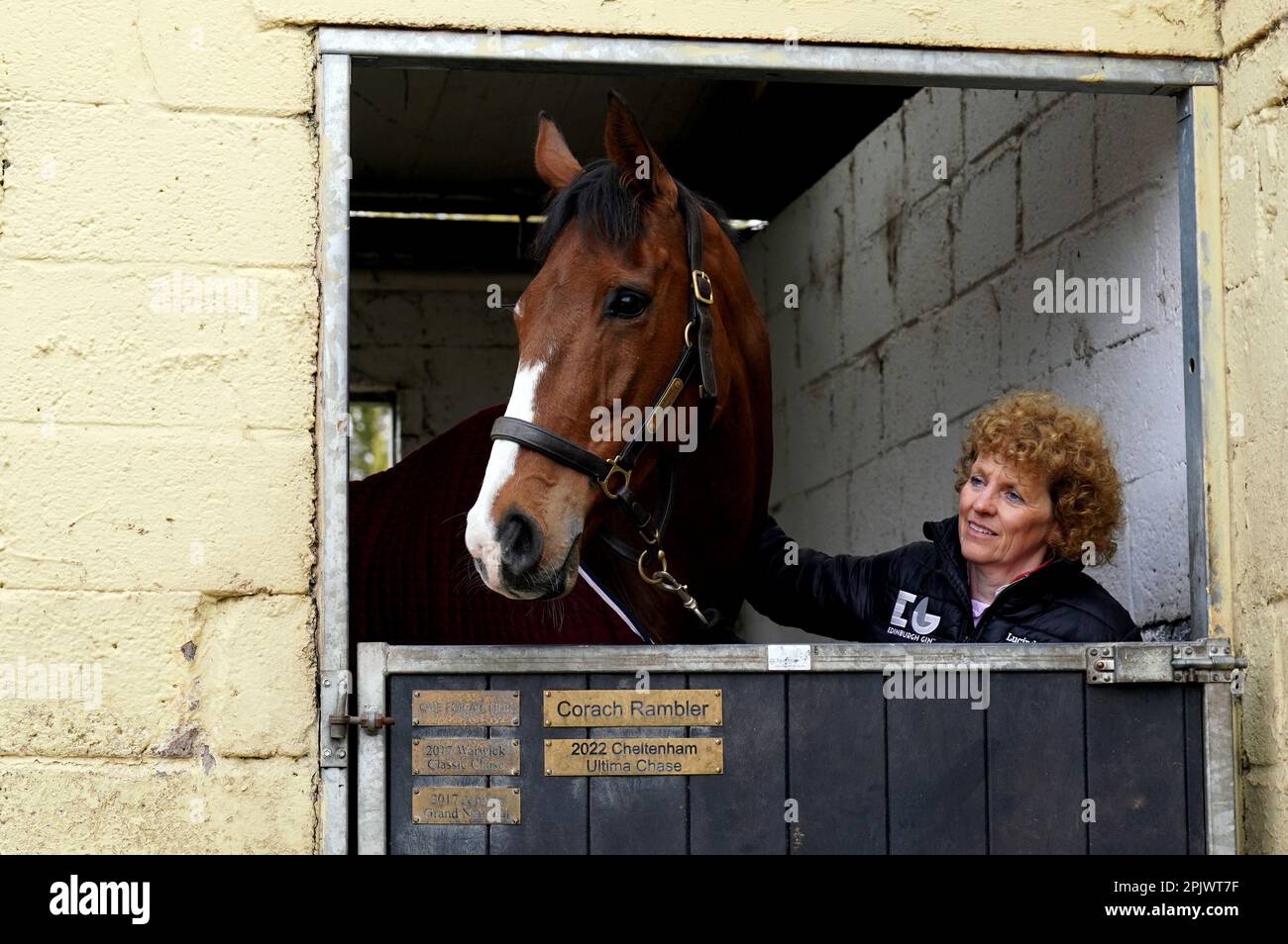 Trainer Lucinda Russell, with Corach Rambler during a stable visit to