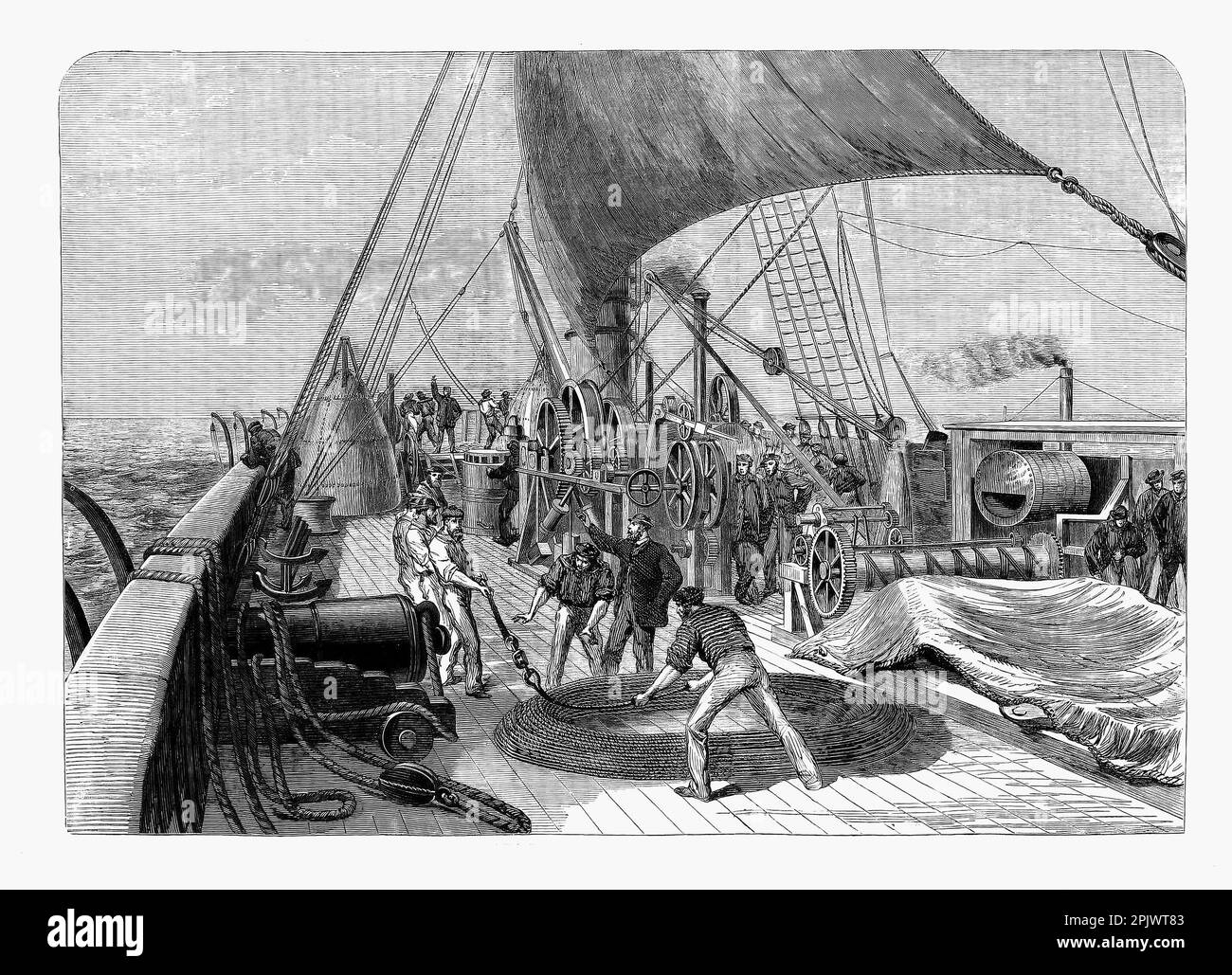 Preparing an attempt to recover a lost cable from the Great Eastern  during the 1865 Atlantic Telegraph Expedition.  The iron sail-powered, paddle wheel and screw-propelled steamship designed by Isambard Kingdom Brunel,  was the largest ship ever built in 1858. Stock Photo