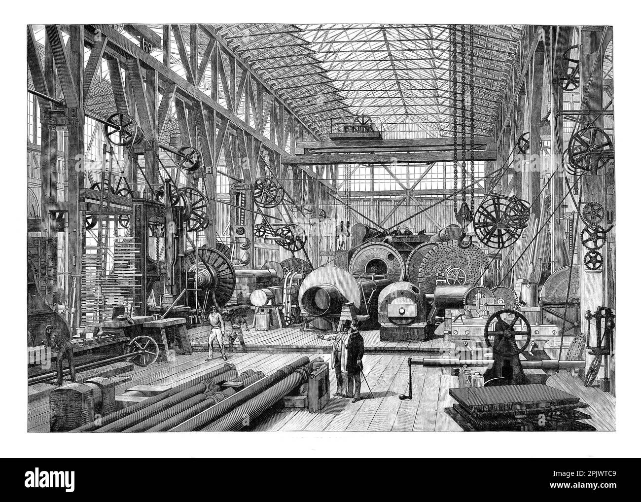 The large machine shop and turnery at Penn's Marine Engine Factory at Greenwich, London, England in 1865. The firm became the major supplier to the Royal Navy as it made the transition from sail to steam power. Stock Photo