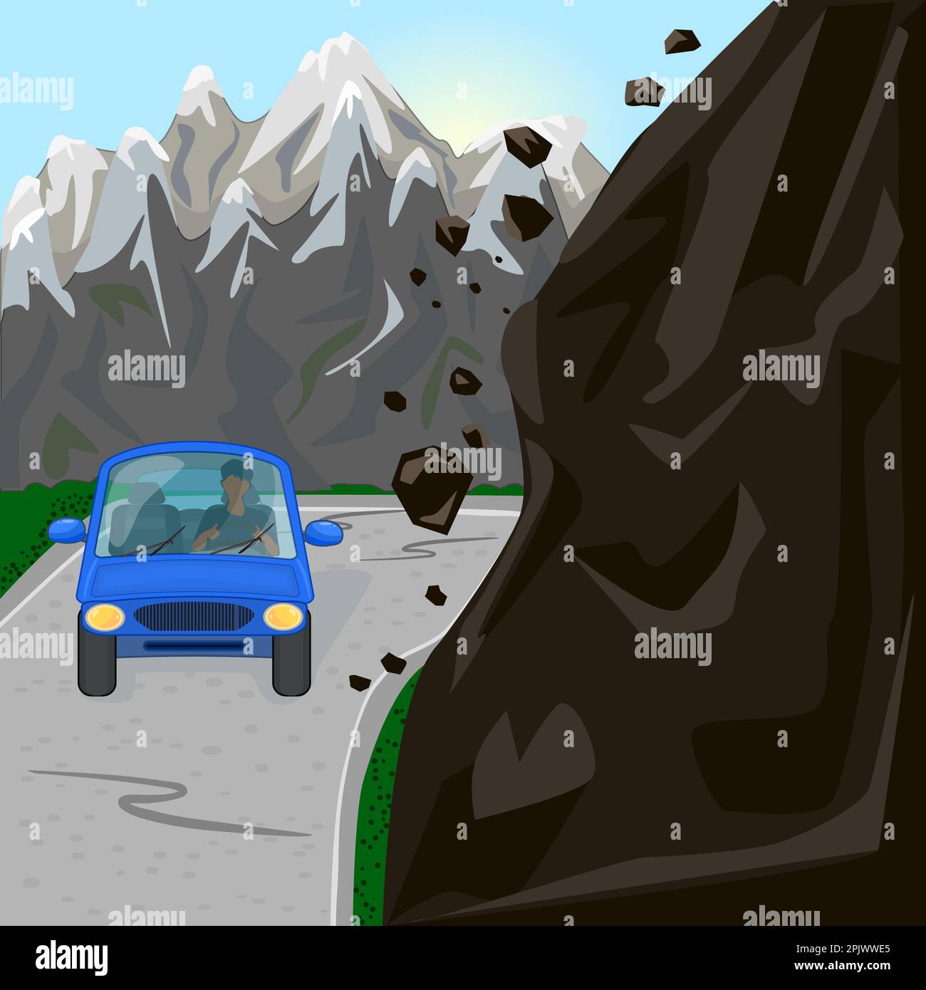Rock fall on road. Mountain landslide with slide rocks and car on roadway.Natural disaster, earthquake, mudslide or danger concept.Vector illustration Stock Vector