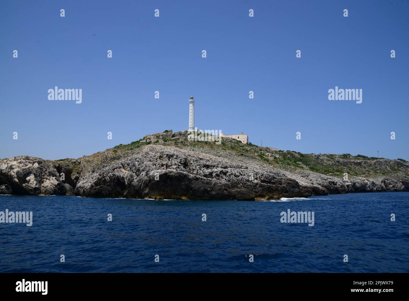 The suggestive lighthouse of Santa Maria di Leuca in Punta Meliso, activated in 1866, is 48 meters high and is located 102 meters above sea level. San Stock Photo