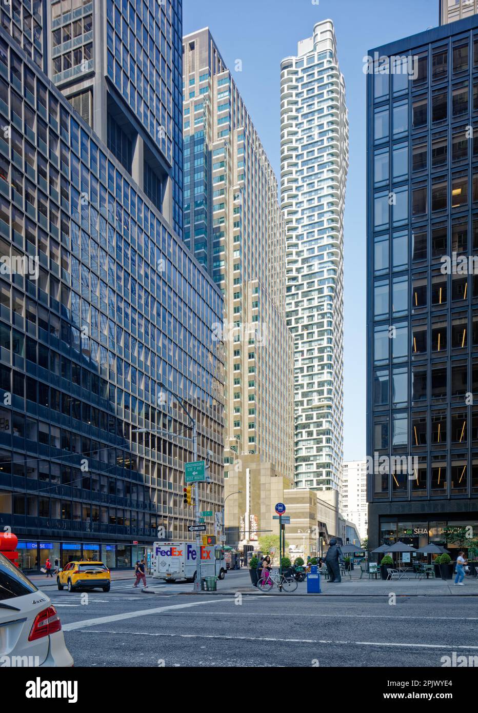 The slender white steel-and-glass Aro is a residential tower, featuring curved and cantilevered balconies, at 242 W 53rd Street in Midtown Manhattan. Stock Photo