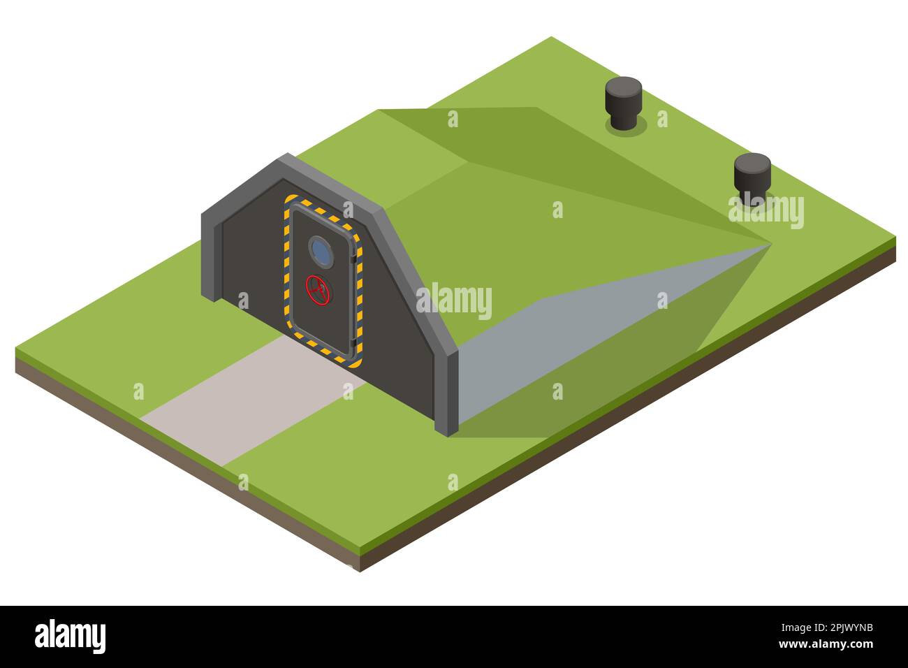 Isometric concrete bomb shelter, Bunker, bombproof shelter, air-raid shelter. Underground bomb shelter with beds, a supply of food for the survival of Stock Vector