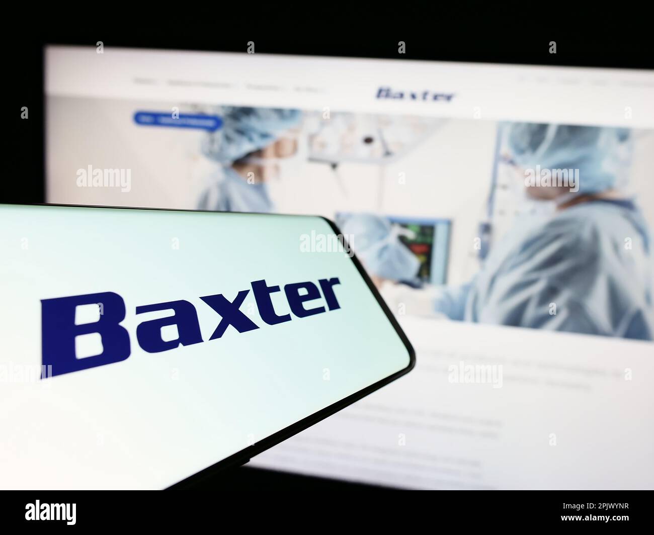 Mobile phone with logo of US healthcare company Baxter International