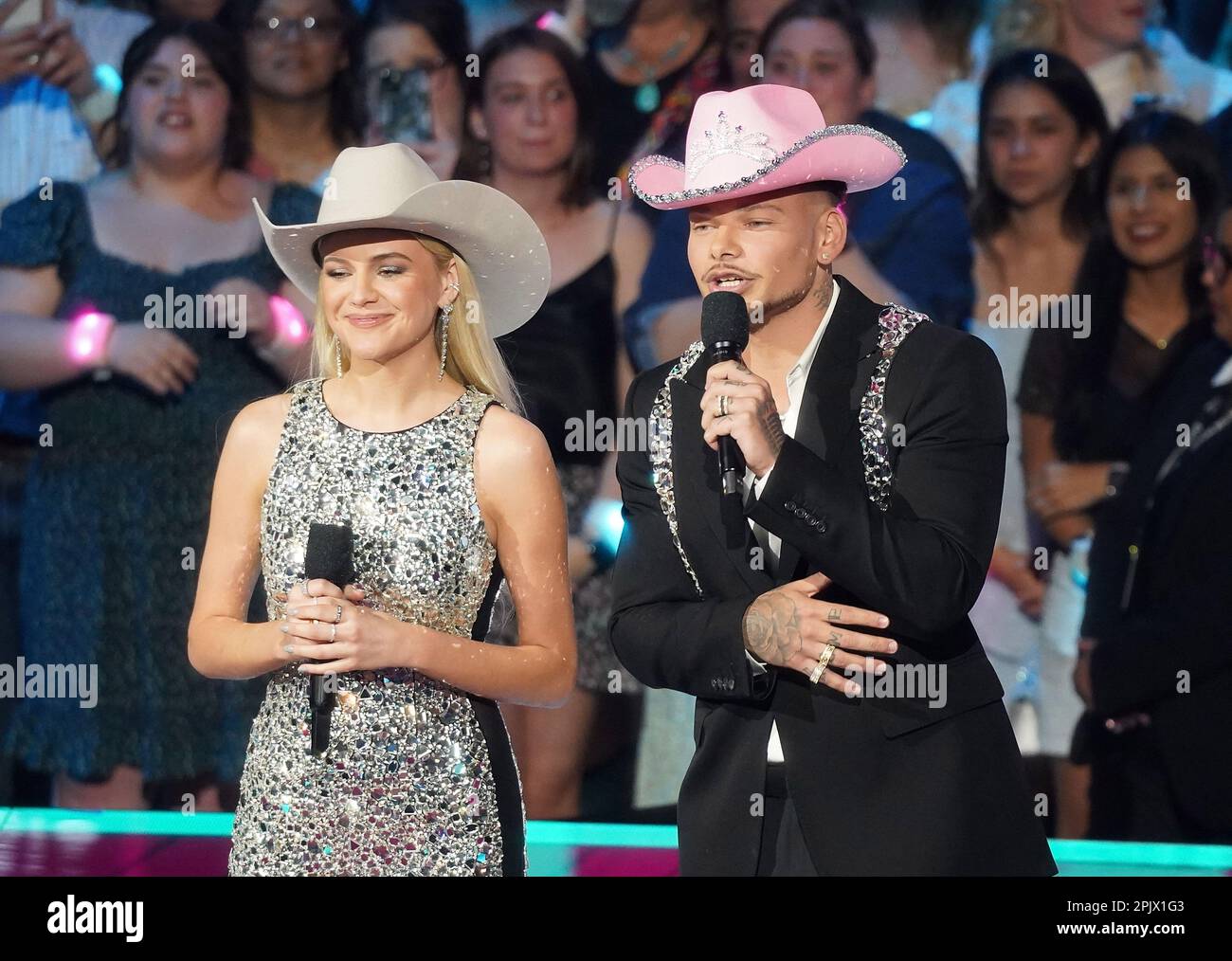 Austin, Texas. April 02, 2023, Hosts Kelsea Ballerini, Kane Brown speak