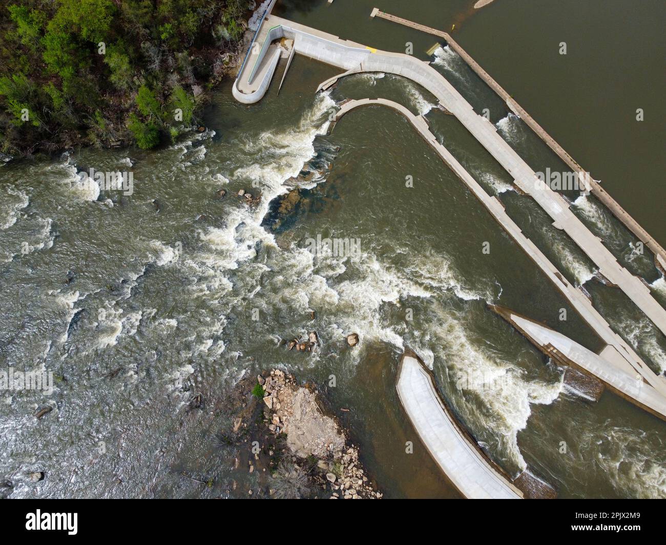 Whitewater attraction is Great Falls, SC from overhead. Stock Photo
