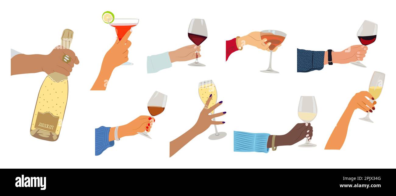 Set of different hands with glass of alcohol drink Stock Vector Image ...