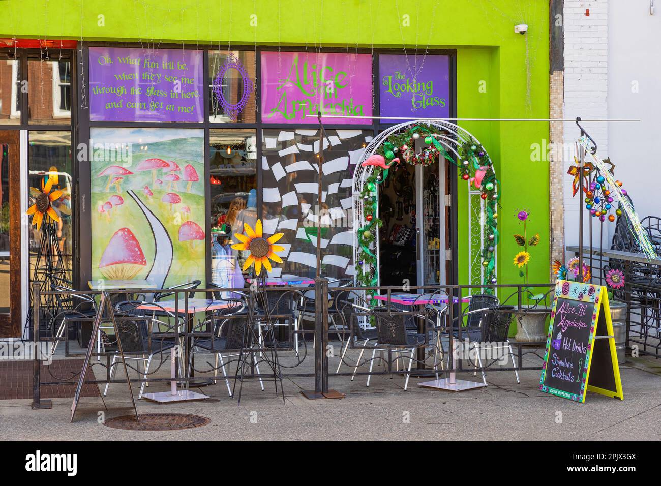 Knoxville, Tennessee, USA March 25, 2023 Colorful backdrop to an outdoor seating in downtown