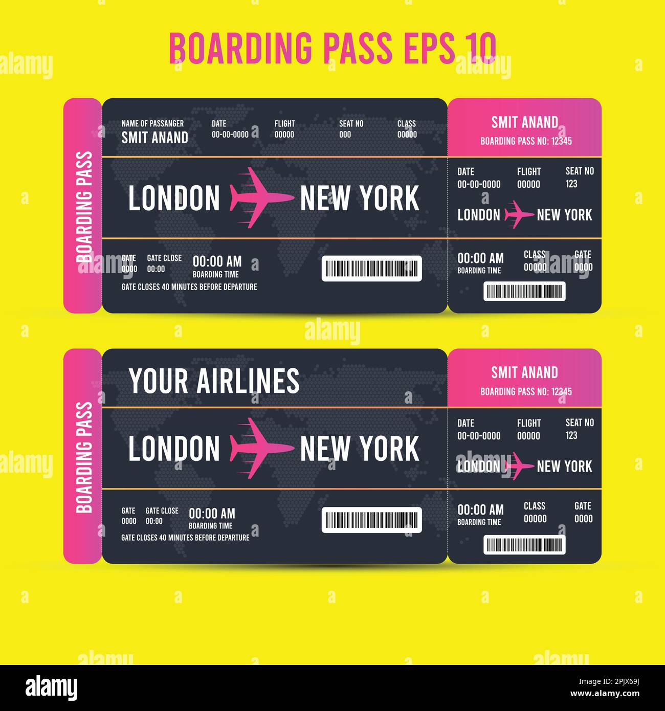 Realistic airline ticket design with passenger name. Vector