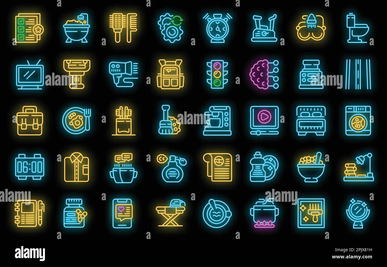 Daily routine icons set outline vector. Life daily. School sleep neon ...