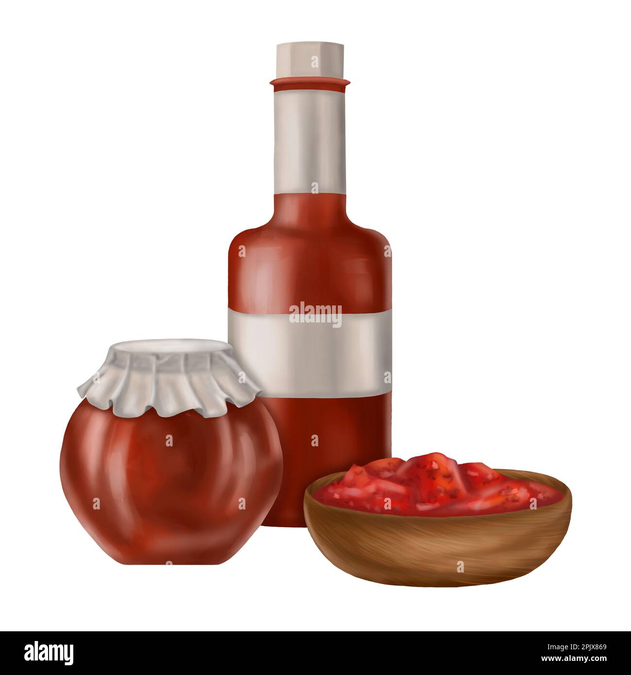 Composition with canned sauces. Glass jar, bottle, wooden bowl. Tomato paste, jam. Digital