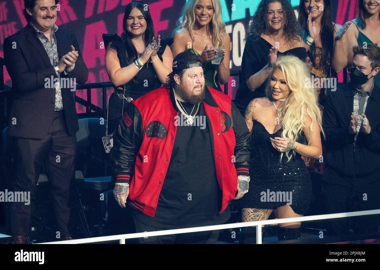 Jelly Roll, Bunnie Xo are seen during the 2023 CMT Music Awards at