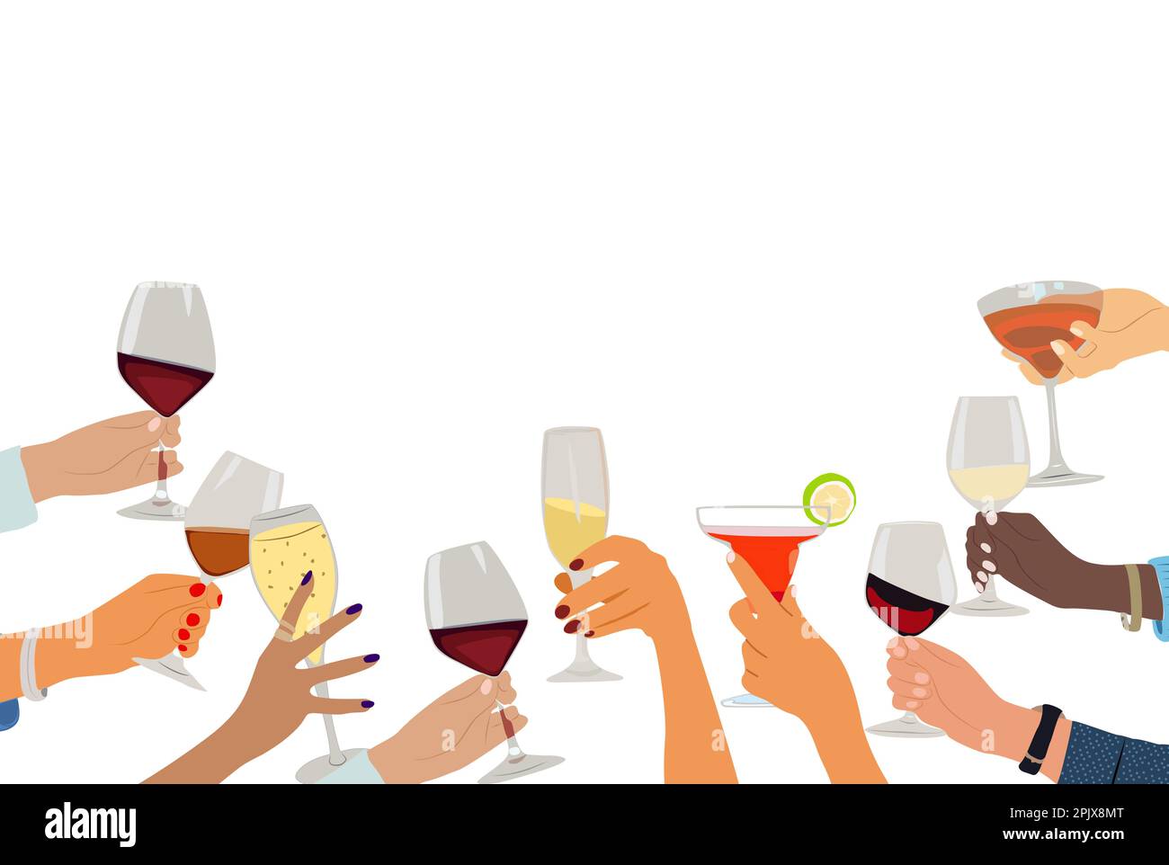 Hands holding glasses with drinks vector border Stock Vector Image ...