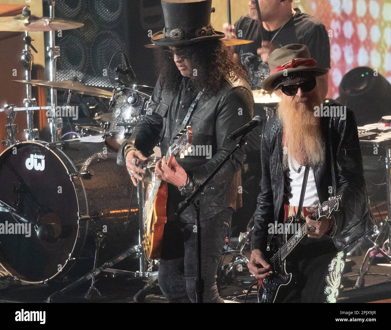 Slash and Billy Gibbons perform during the 2023 CMT Music Awards at Moody Center on April 02, 2023 in Austin, Texas. Photo:Amy Price/imageSPACE/MediaPunch Stock Photo