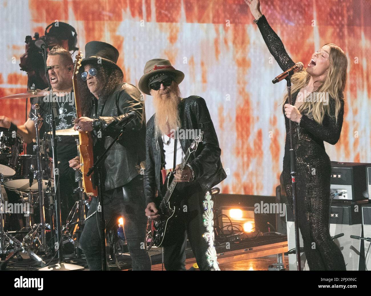 Slash, Billy Gibbons and LeAnn Rimes perform during the 2023 CMT Music Awards at Moody Center on April 02, 2023 in Austin, Texas. Photo:Amy Price/imageSPACE/MediaPunch Stock Photo