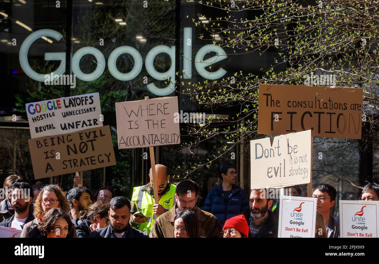London, UK. 4th Apr, 2023. Workers from Google demonstrate along with Union members. They are unhappy at Google cutting jobs, union busting and poor rates of pay. Credit: Mark Thomas/Alamy Live News Stock Photo