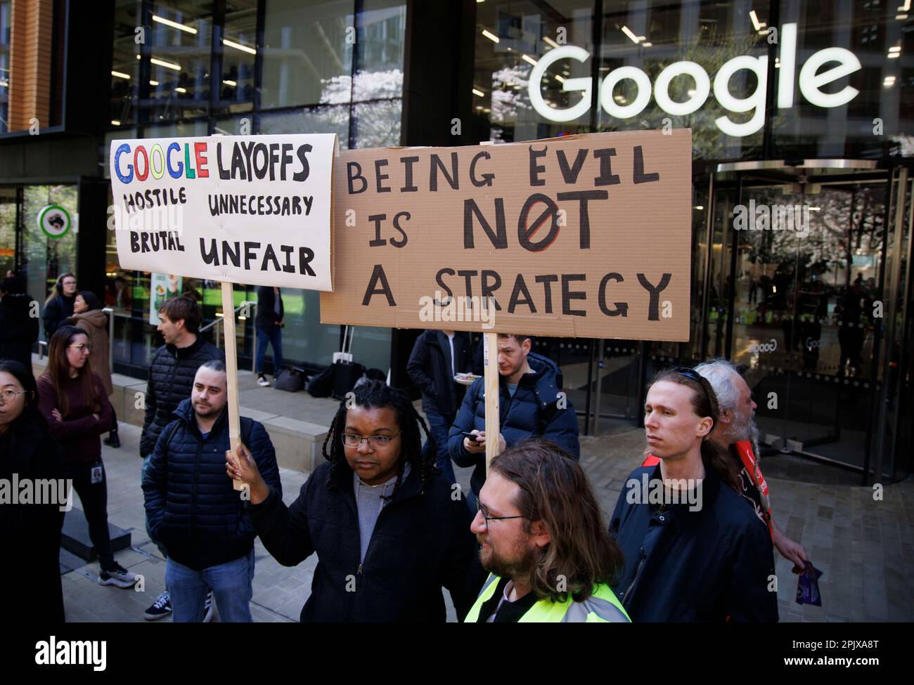 London, UK. 4th Apr, 2023. Workers from Google demonstrate along with Union members. They are unhappy at Google cutting jobs, union busting and poor rates of pay. Credit: Mark Thomas/Alamy Live News Stock Photo