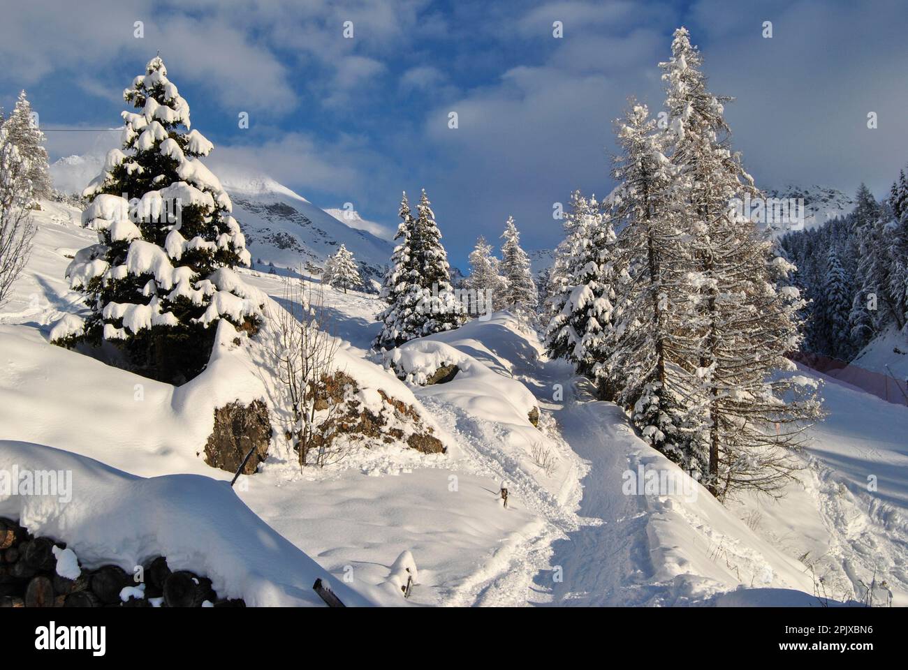 The hotel and restaurant Frantze Le Rascard immersed in the snow in the locality of Frantze; Ayas; Valle d'Aosta; Champoluc; Aosta; Italy; Europe. Stock Photo
