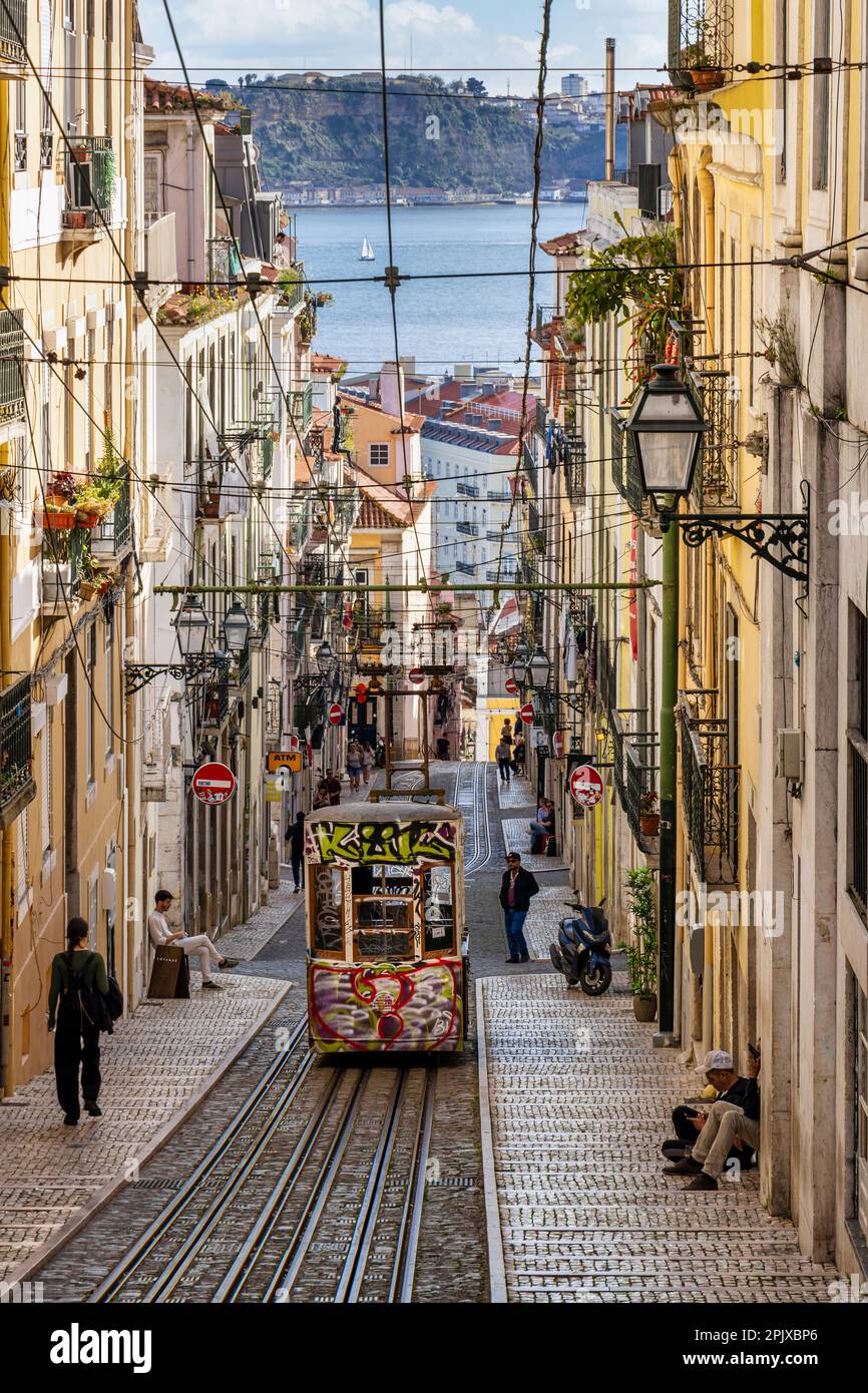 Elevador da Bica funicular railway tram car in city center of Lisbon, Portugal Stock Photo