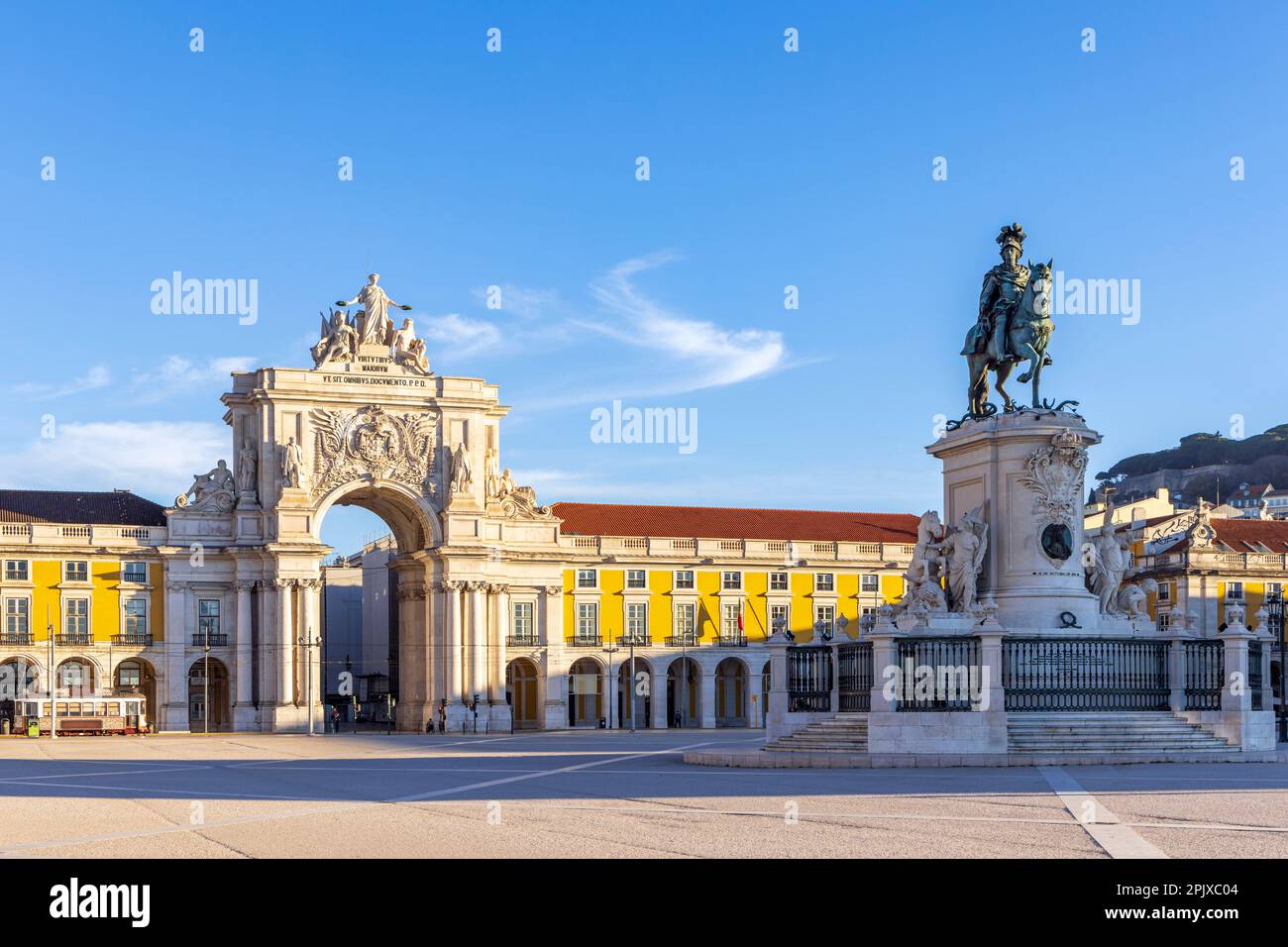 Statue of King José I and Arco da Rua Augusta on Praça do Comércio (commerce square) , Lisbon, Portugal Stock Photo