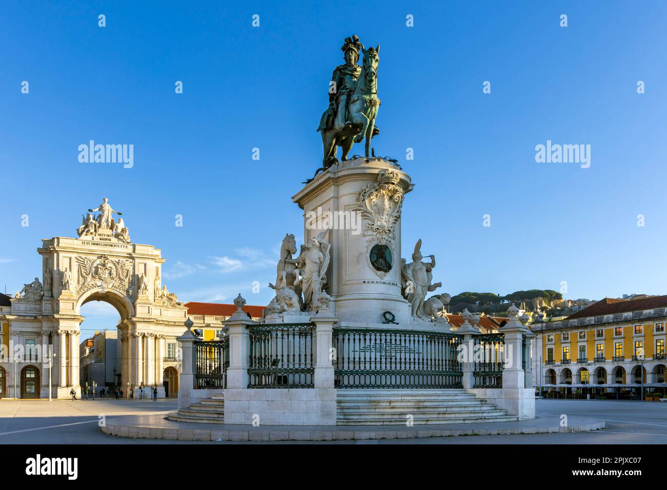 Statue of King José I and Arco da Rua Augusta on Praça do Comércio (commerce square) , Lisbon, Portugal Stock Photo