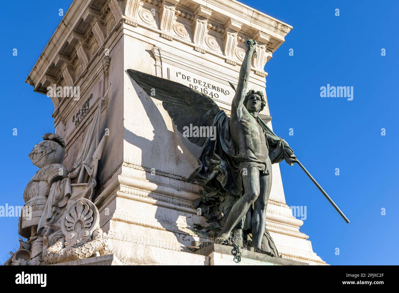 Sculpture at the Monument to the Restorers, in Lisbon, Portugal - commemorating the victory of the Portuguese Restoration War. Stock Photo