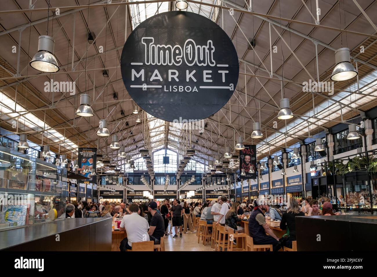Time Out Market is a food hall and major tourist attraction located in Mercado da Ribeira at Cais do Sodre in Lisbon, Portugal Stock Photo